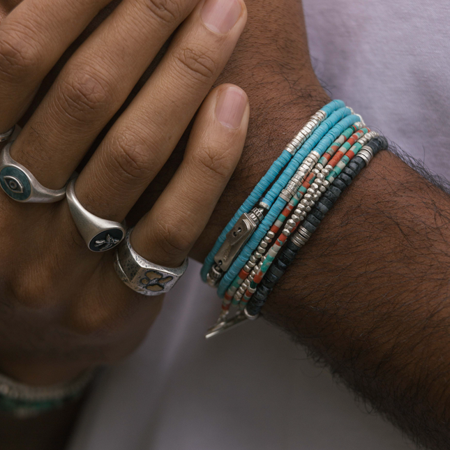 3 Laps Bracelet With Vinyl And Sterling Silver Beads (Light Blue)-Bracelet-Kompsós