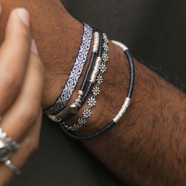 3 Laps Bracelet With Vinyl And Sterling Silver Beads (Light Blue)-Bracelet-Kompsós