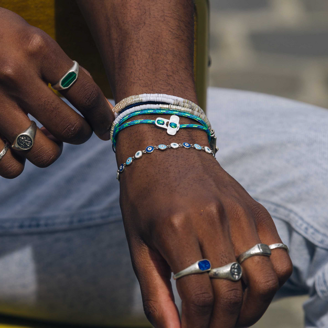 3 Laps Bracelet With Vinyl And Sterling Silver Beads (Shell)-Bracelet-Kompsós