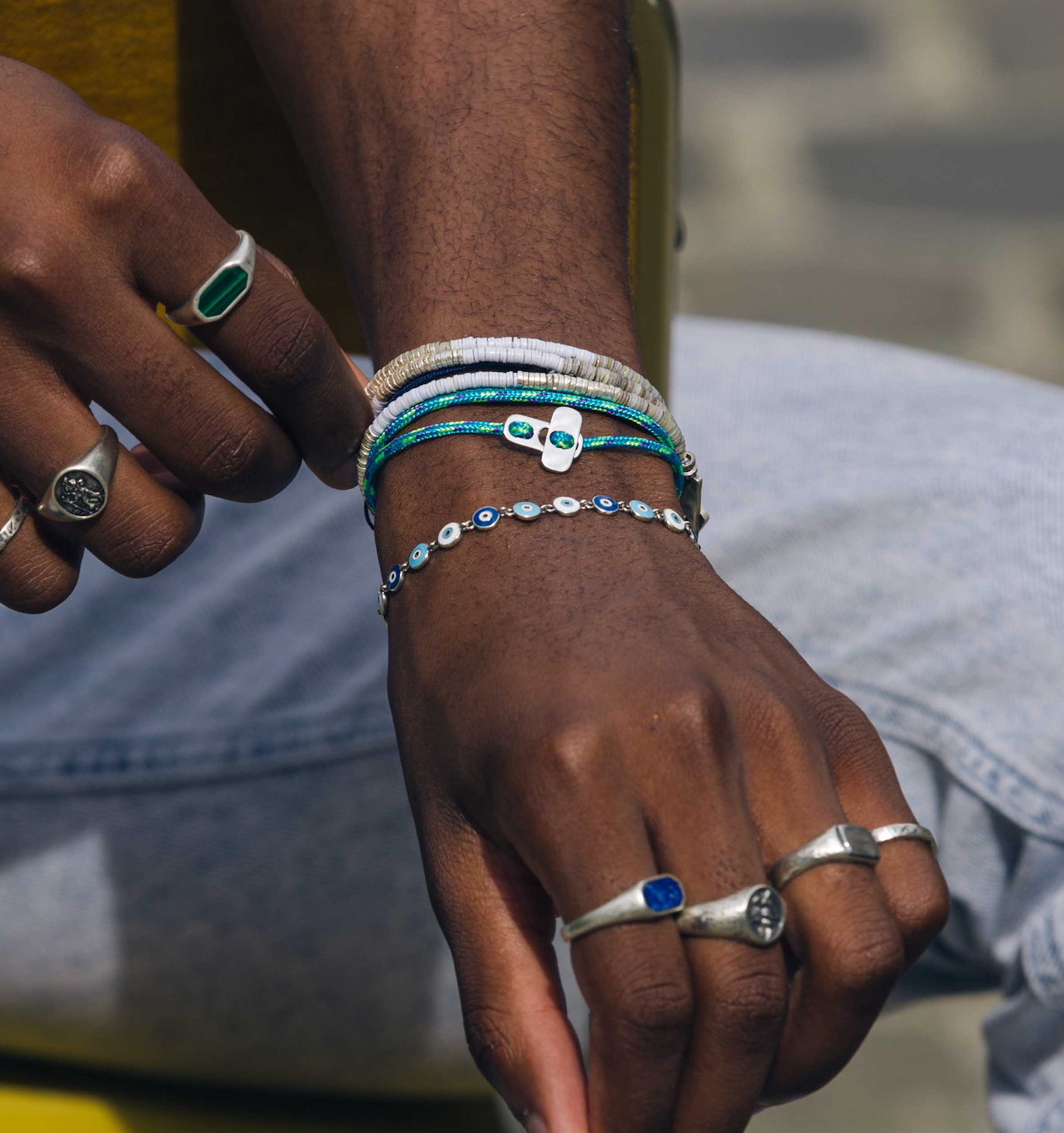 3 Laps Bracelet With Vinyl And Sterling Silver Beads (Shell)-Bracelet-Kompsós