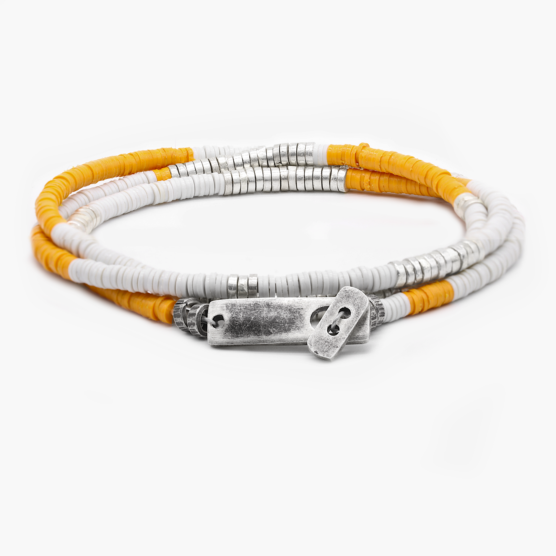 3 Laps Bracelet With Vinyl And Sterling Silver Beads (White/Orange)-Bracelet-Kompsós