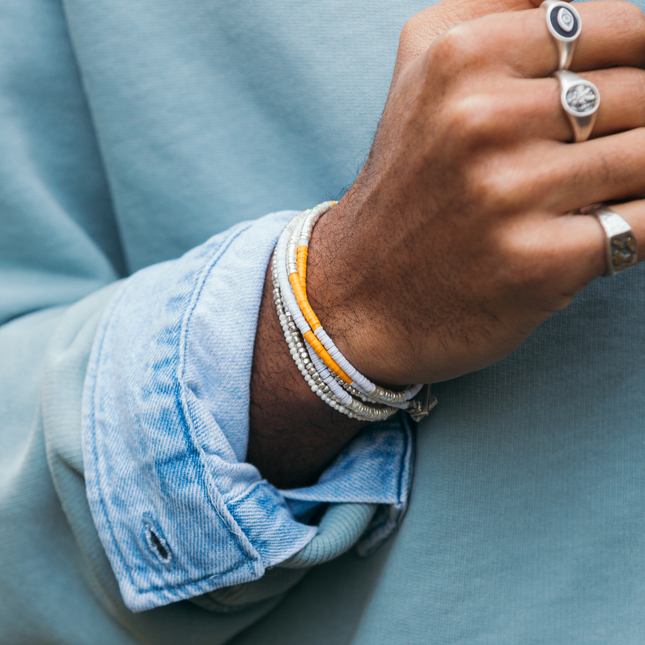 3 Laps Bracelet With Vinyl And Sterling Silver Beads (White/Orange)-Bracelet-Kompsós