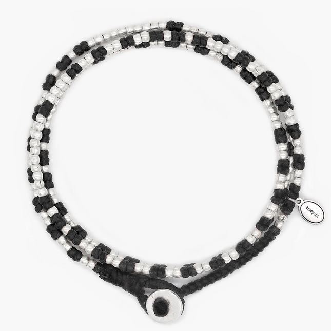 3 Laps Braided Bracelet With Sterling Silver Beads (Black)-Bracelet-Kompsós
