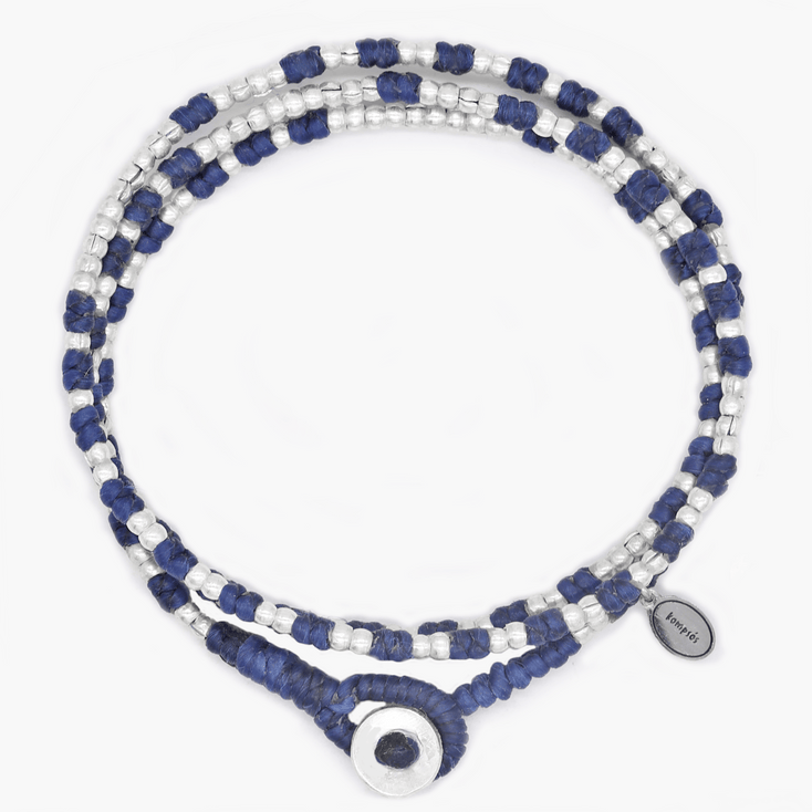 3 Laps Braided Bracelet With Sterling Silver Beads (Navy Blue)-Bracelet-Kompsós