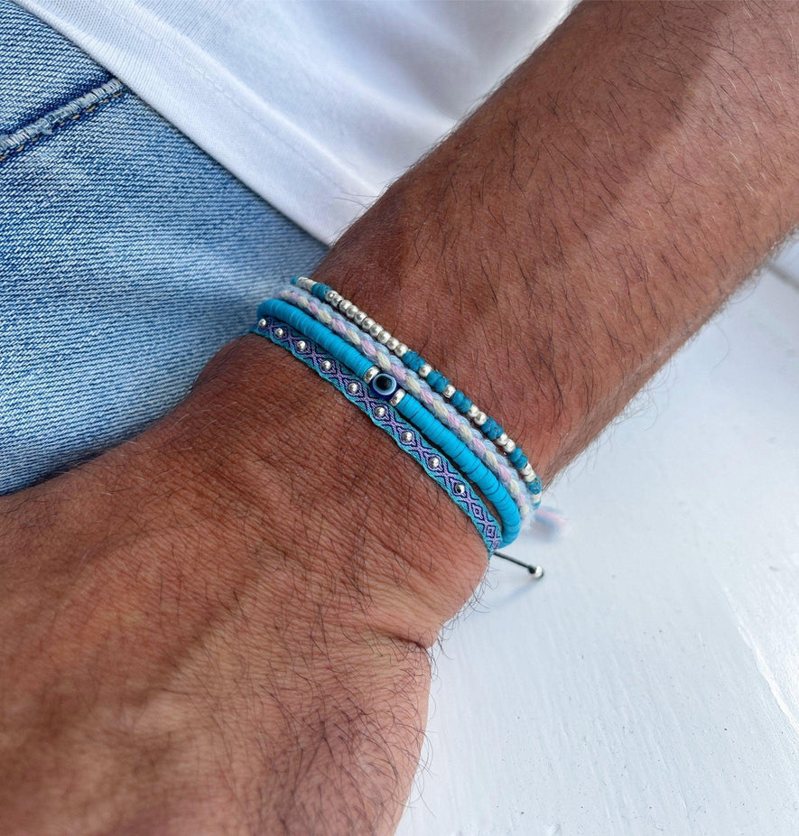 3mm Disc Beads Evil Eye Bracelet (Light Blue)-Kompsós