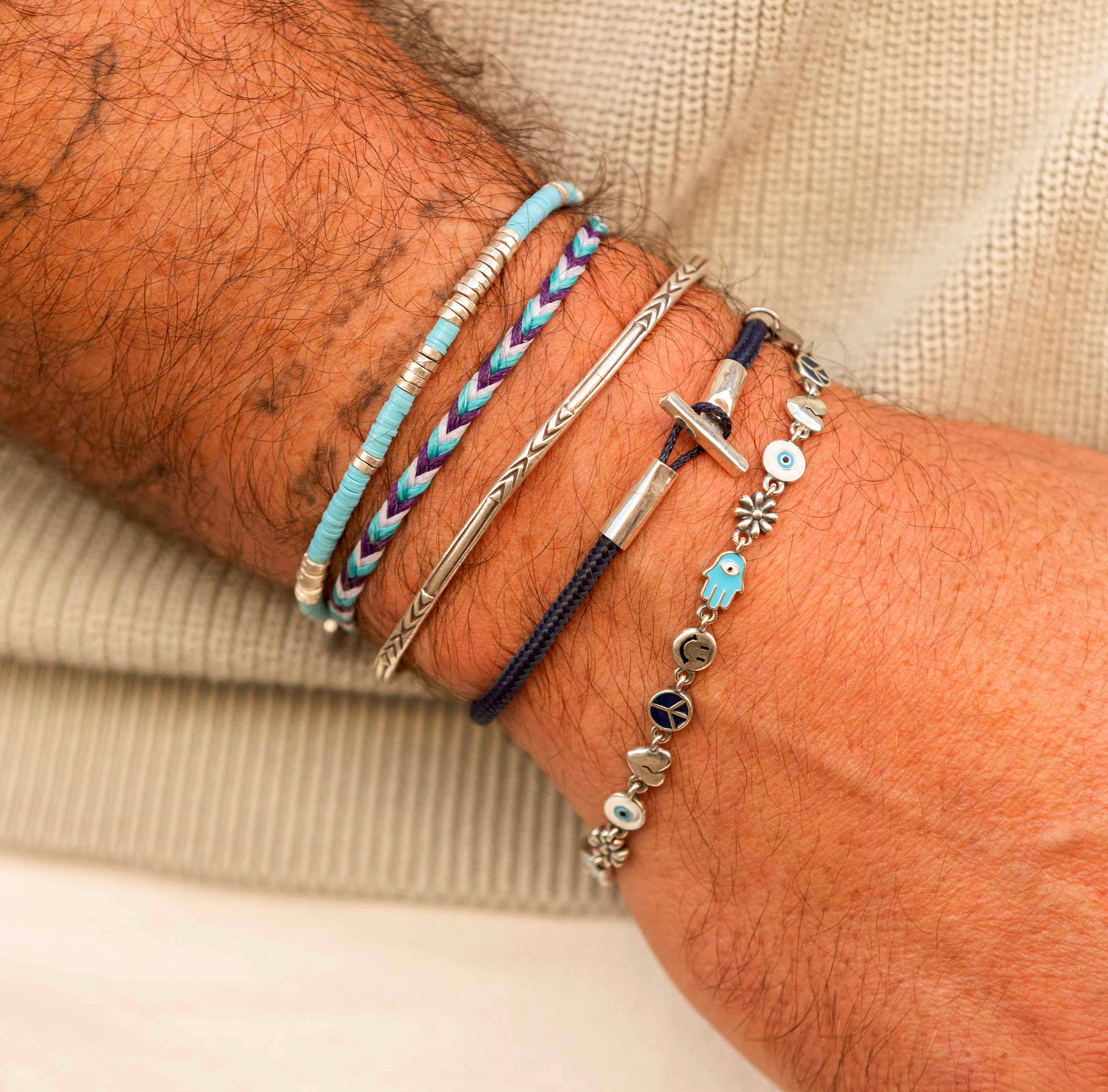 3mm Vinyl Bracelet With Sterling Silver Beads (Santorini Blue)-Bracelet-Kompsós