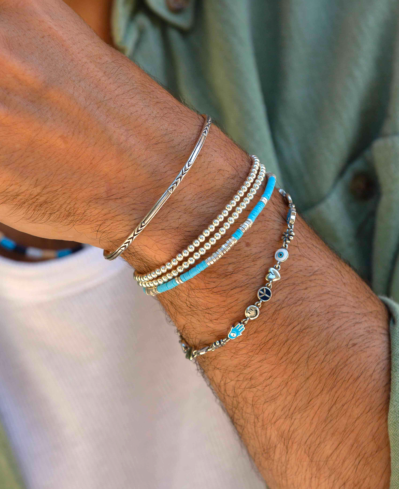 3mm Vinyl Bracelet With Sterling Silver Beads (Santorini Blue)-Bracelet-Kompsós