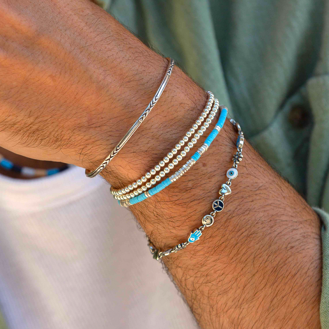 3mm Vinyl Bracelet With Sterling Silver Beads (Santorini Blue)-Bracelet-Kompsós