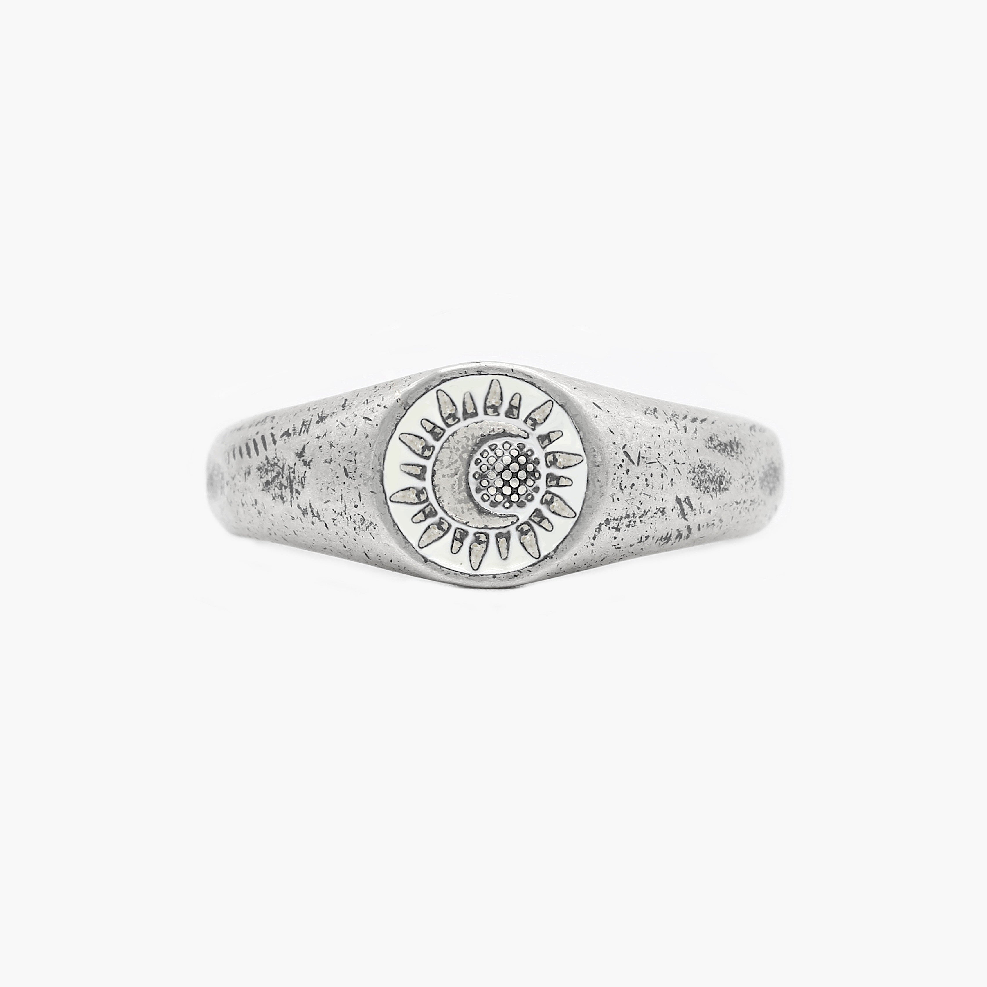Antique Silver Solar Eclipse Ring With White Enamel-Ring-Kompsós