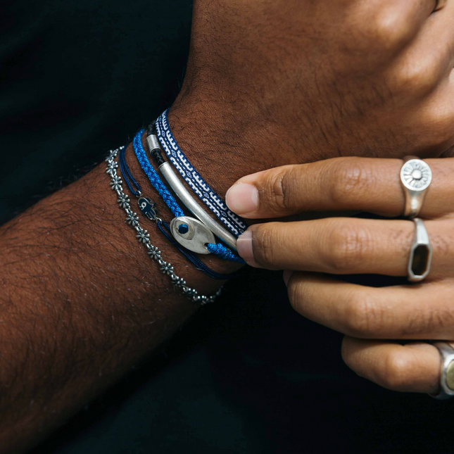 Braided Bracelet With Sterling Silver Button (Dark Blue)-Bracelet-Kompsós