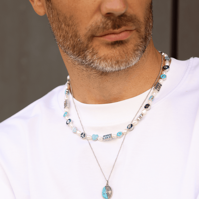 Christ Sterling Silver Necklace With Arizona Turquoise Stone-Necklace-Kompsós