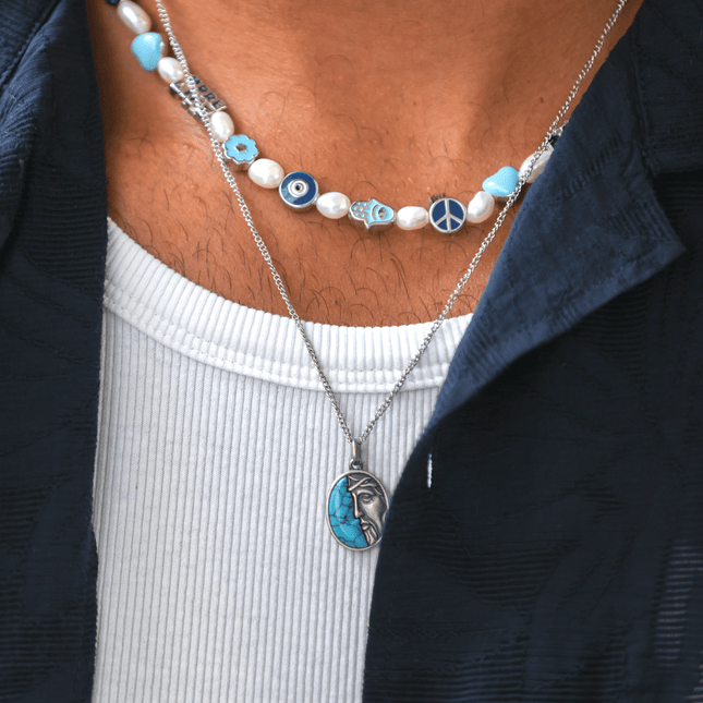 Christ Sterling Silver Necklace With Arizona Turquoise Stone-Necklace-Kompsós