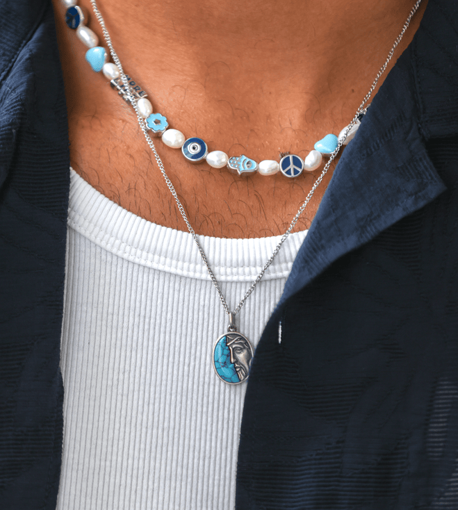 Christ Sterling Silver Necklace With Arizona Turquoise Stone-Necklace-Kompsós