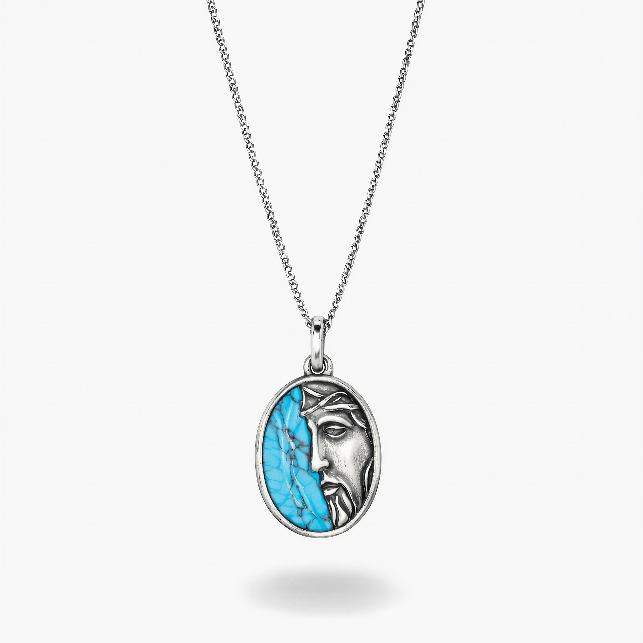Christ Sterling Silver Necklace With Arizona Turquoise Stone-Necklace-Kompsós