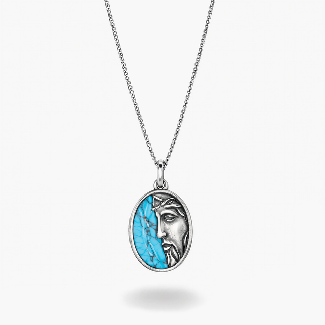 Christ Sterling Silver Necklace With Arizona Turquoise Stone-Necklace-Kompsós