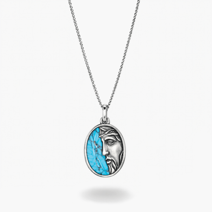 Christ Sterling Silver Necklace With Arizona Turquoise Stone-Necklace-Kompsós