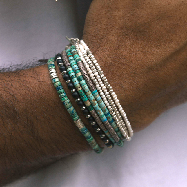 Chrysocolla Stone And Sterling Silver Disc Beads Bracelet-Bracelet-Kompsós