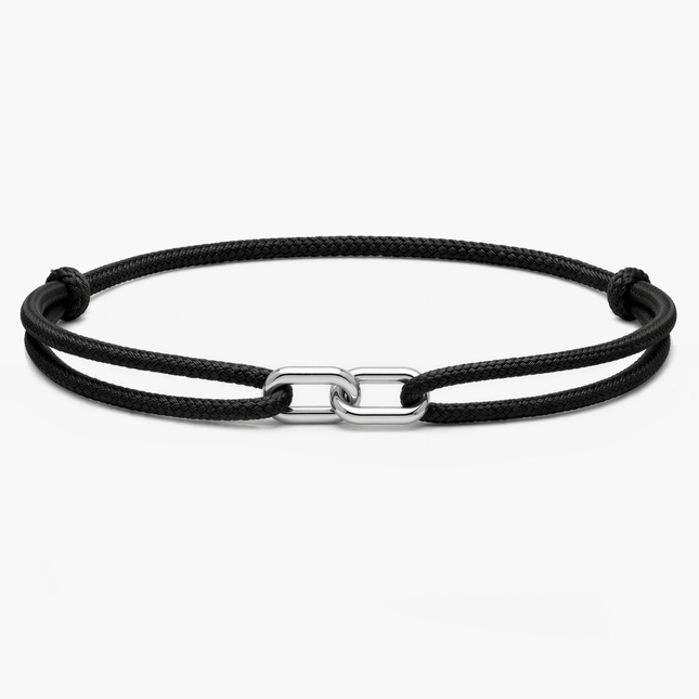Cord Bracelet With Silver Double Hoop (Black)-Bracelet-Kompsós