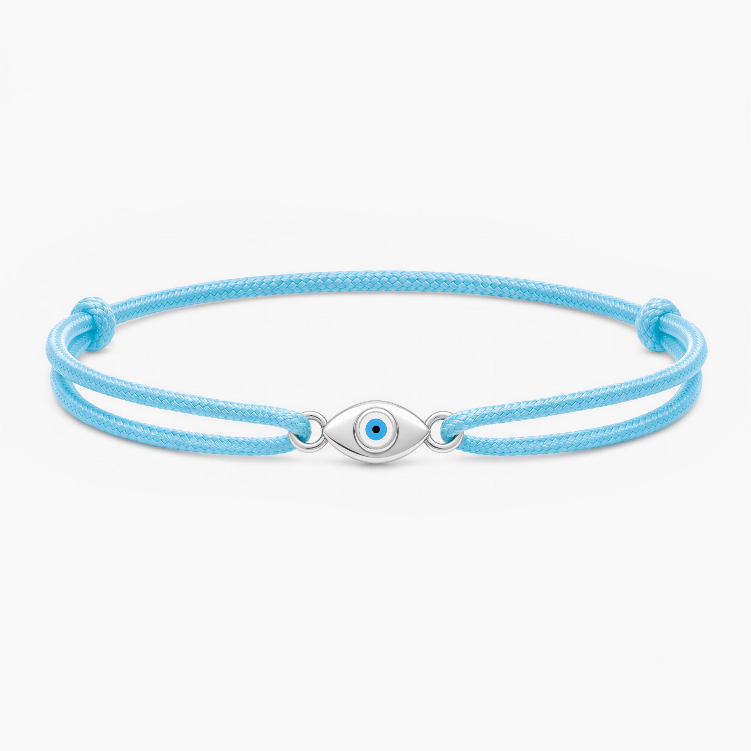 Cord Bracelet With Silver Evil Eye (Light Blue)