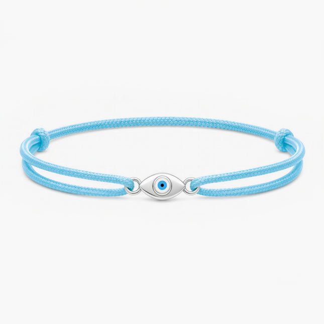 Cord Bracelet With Silver Evil Eye (Light Blue)