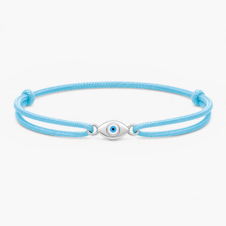 Cord Bracelet With Silver Evil Eye (Light Blue)-Bracelet-Kompsós