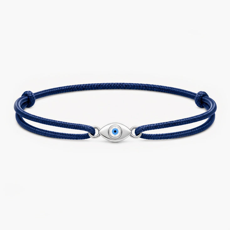Cord Bracelet With Silver Evil Eye (Navy Blue)-Bracelet-Kompsós