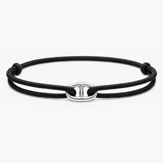 Cord Bracelet With Silver Link (Black)-Bracelet-Kompsós