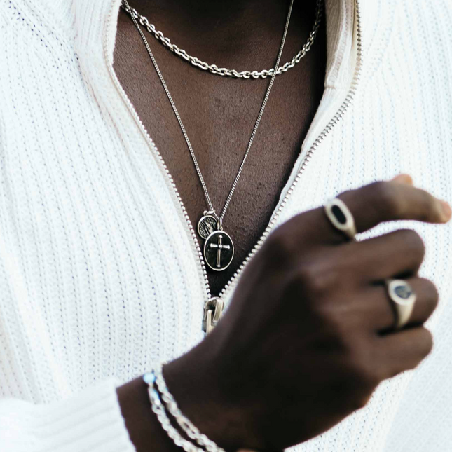 Cross Necklace With Obsidian Stone And Praying Hands-Necklace-Kompsós