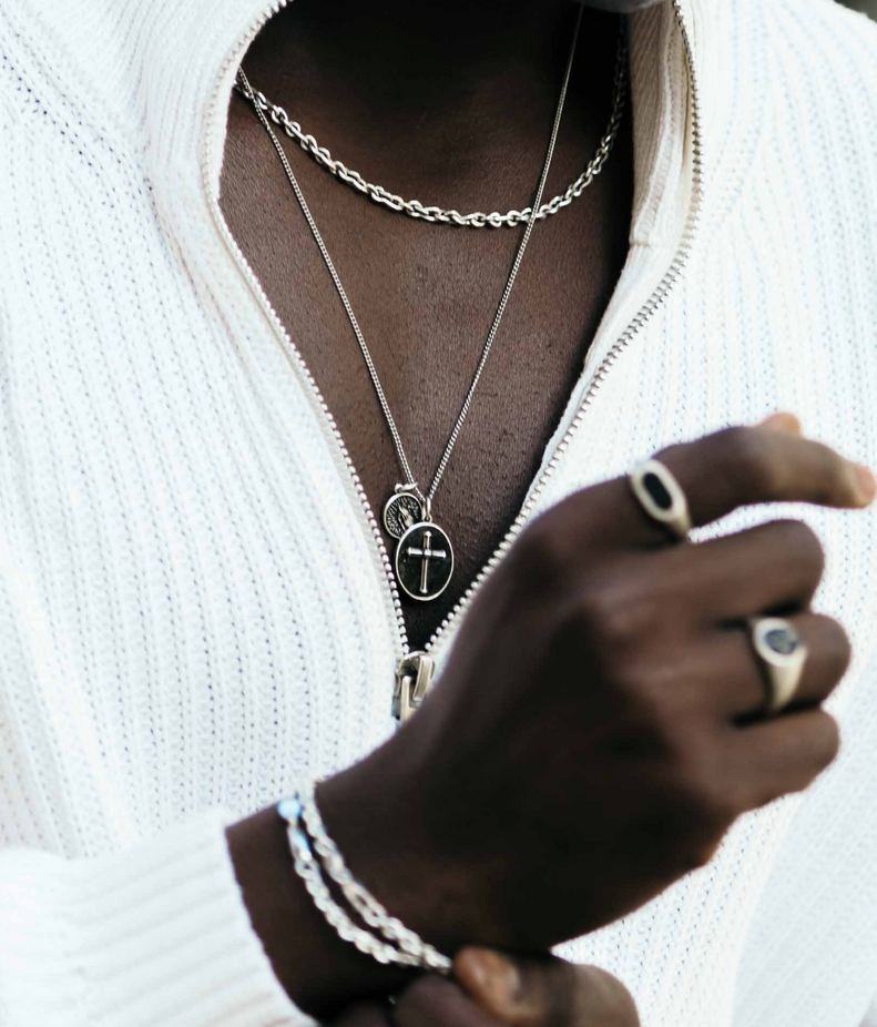 Cross Necklace With Obsidian Stone And Praying Hands-Necklace-Kompsós