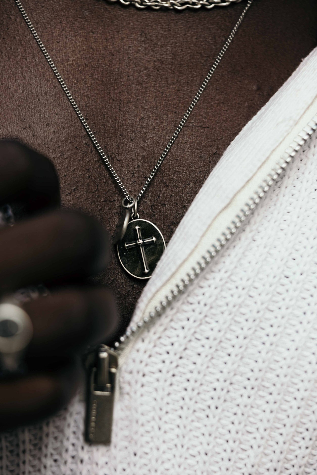 Cross Necklace With Obsidian Stone And Praying Hands-Necklace-Kompsós