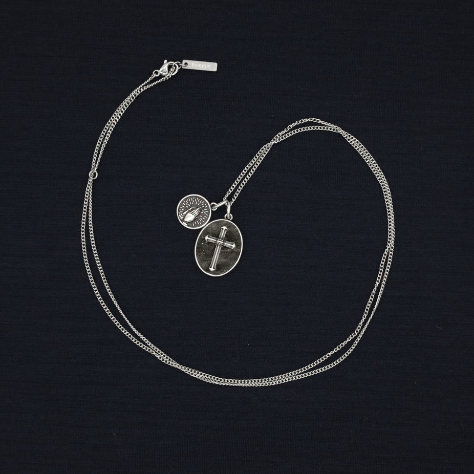 Cross Necklace With Obsidian Stone And Praying Hands-Necklace-Kompsós