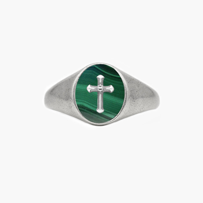 Cross Sterling Silver Ring With Malachite Stone-Ring-Kompsós