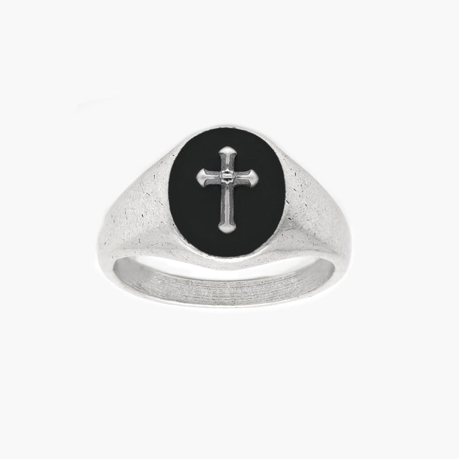 Cross Sterling Silver Ring With Matte Onyx Stone-Ring-Kompsós