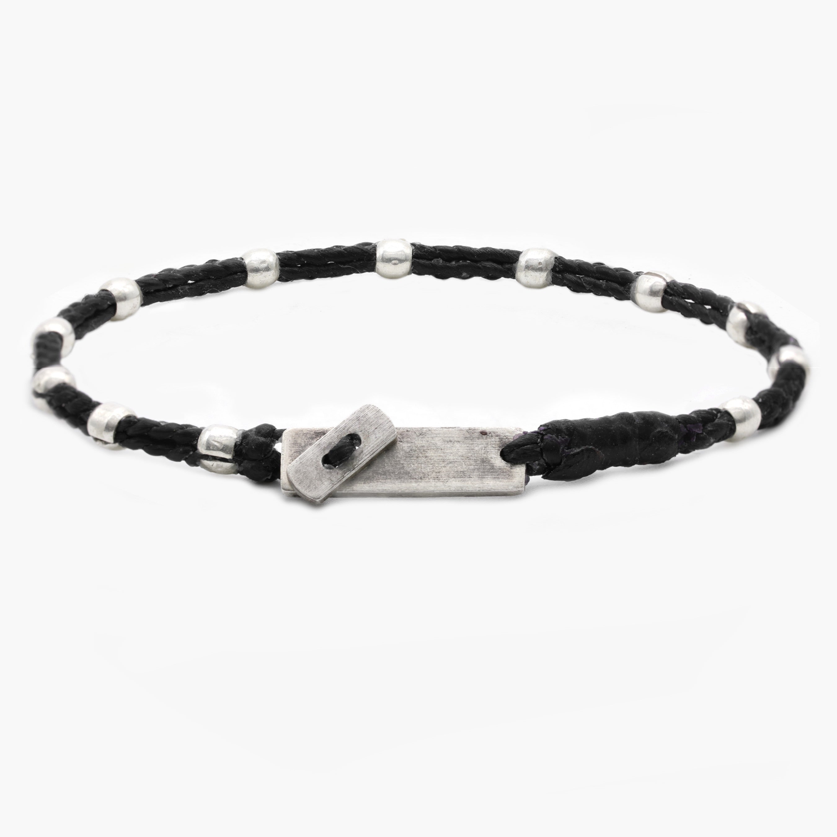 Double Braided Cord With Sterling Silver Crimped Beads Bracelet (Black)-Bracelet-Kompsós