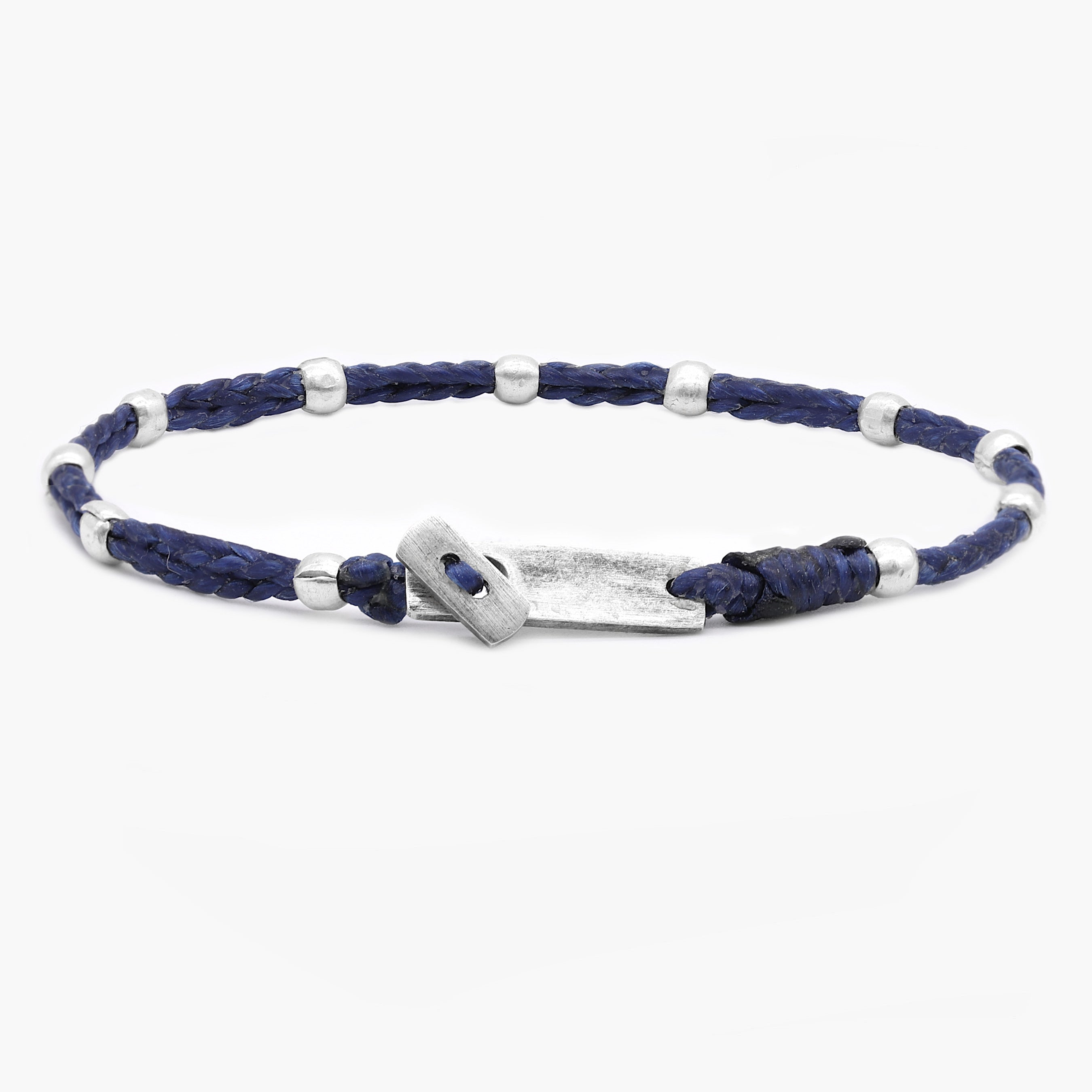 Double Braided Cord With Sterling Silver Crimped Beads Bracelet (Navy)-Bracelet-Kompsós