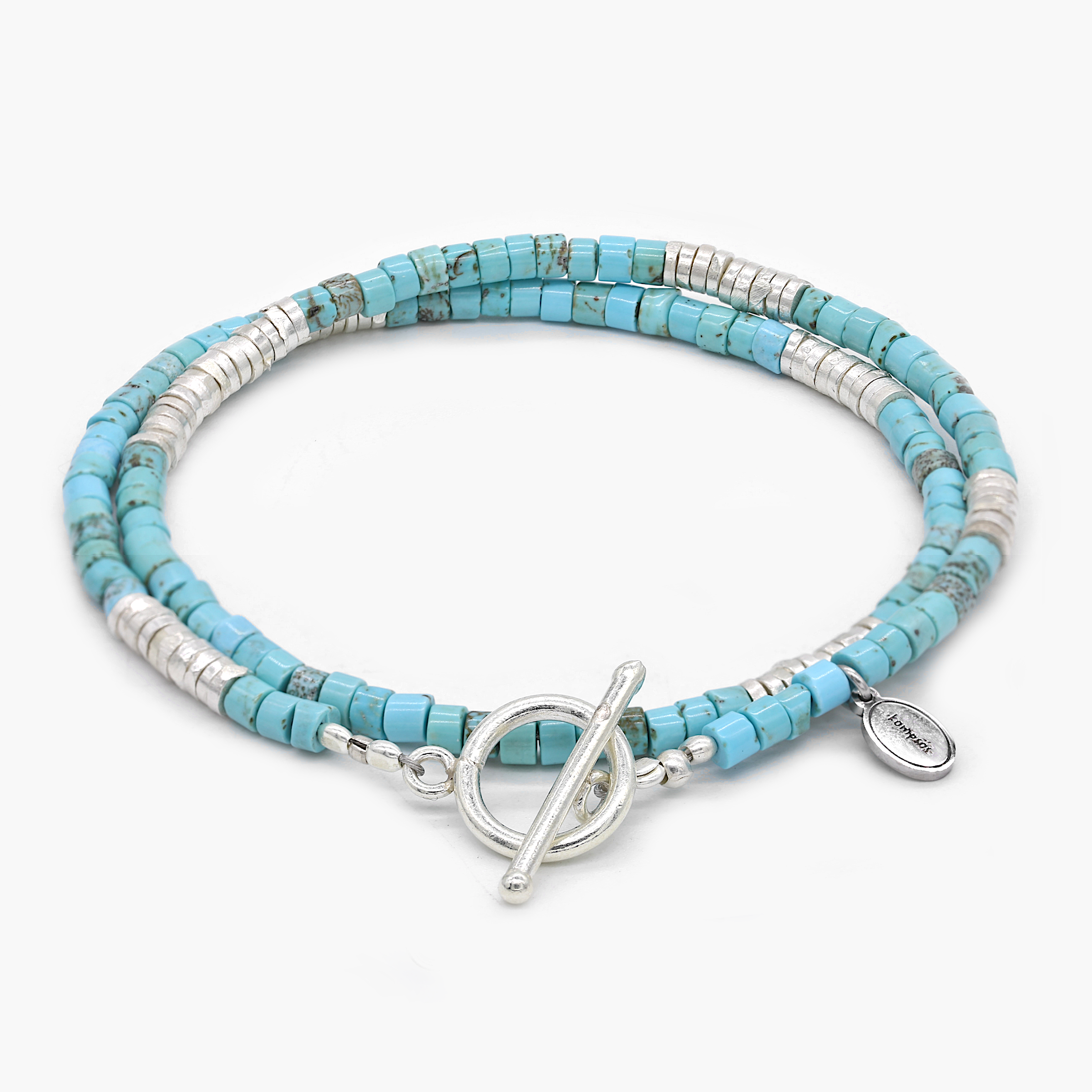 Double Laps Bracelet With Sterling Silver And Arizona Turquoise Beads-Kompsós