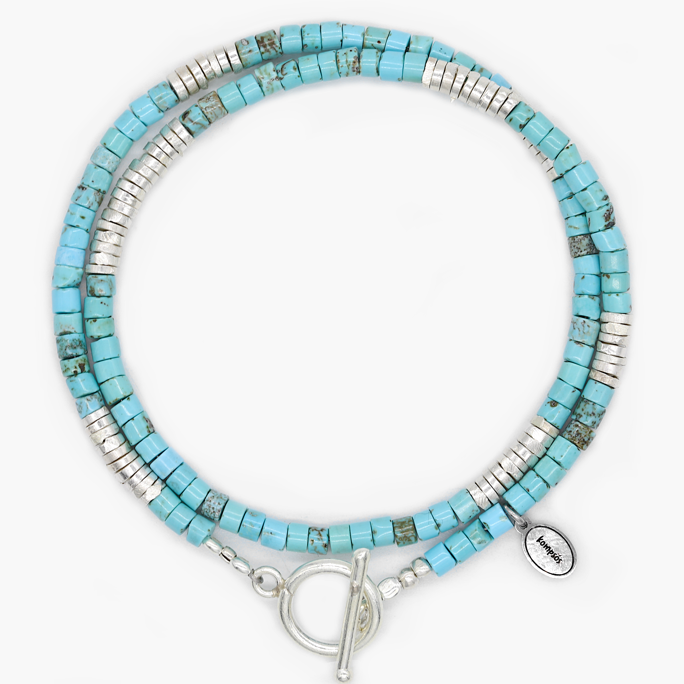 Double Laps Bracelet With Sterling Silver And Arizona Turquoise Beads-Kompsós