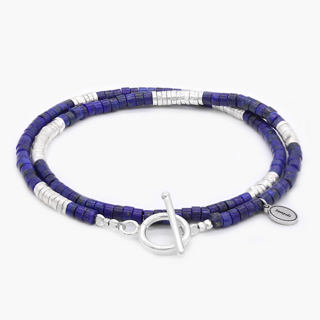 Double Laps Bracelet With Sterling Silver And Lapis Beads-Kompsós