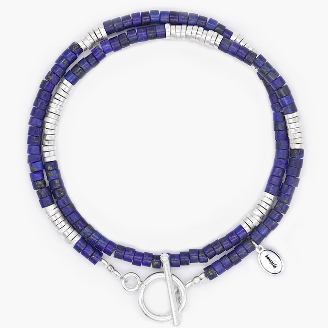 Double Laps Bracelet With Sterling Silver And Lapis Beads-Kompsós