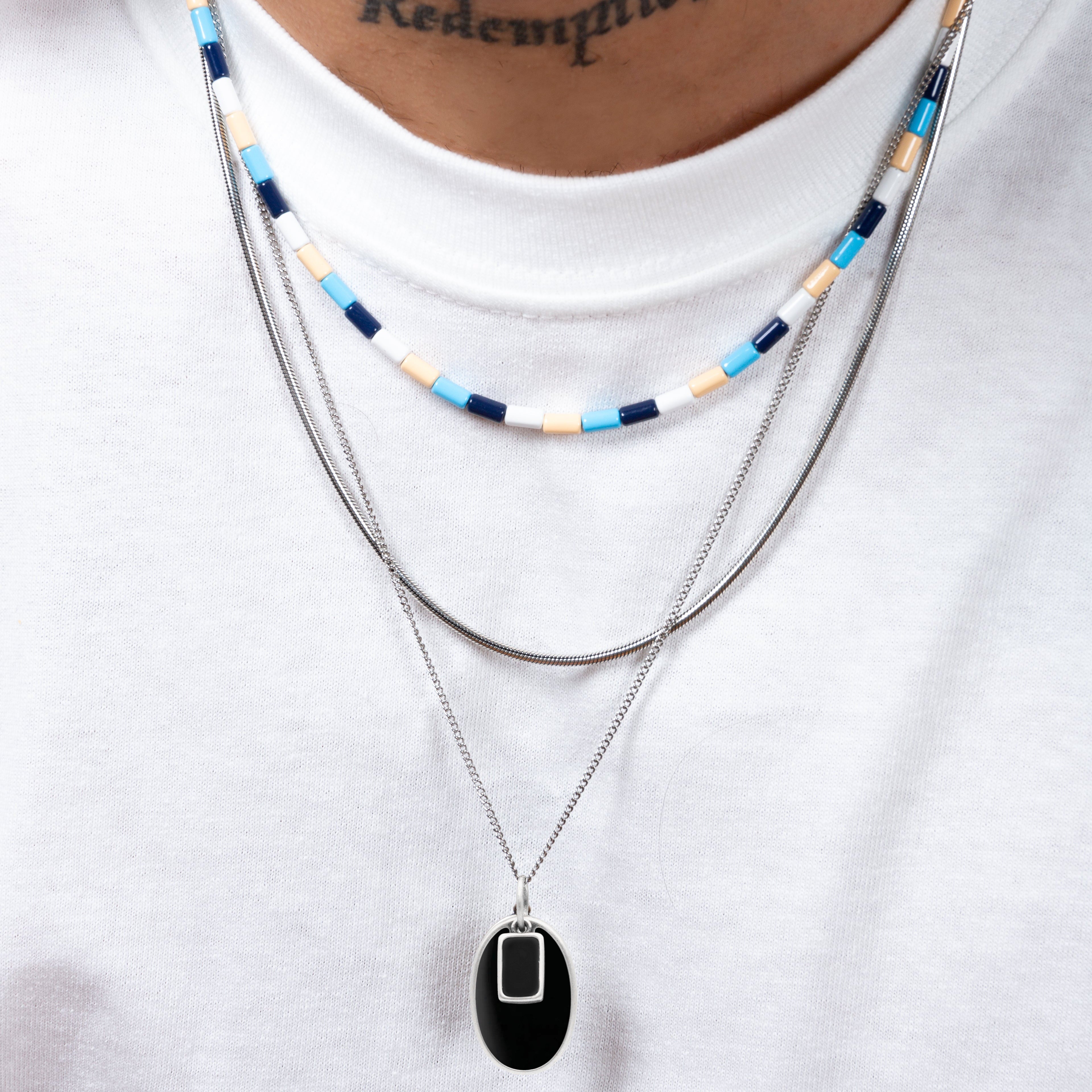 Double Pendants Sterling Silver Necklace With Matte Onyx-Jewelry-Kompsós
