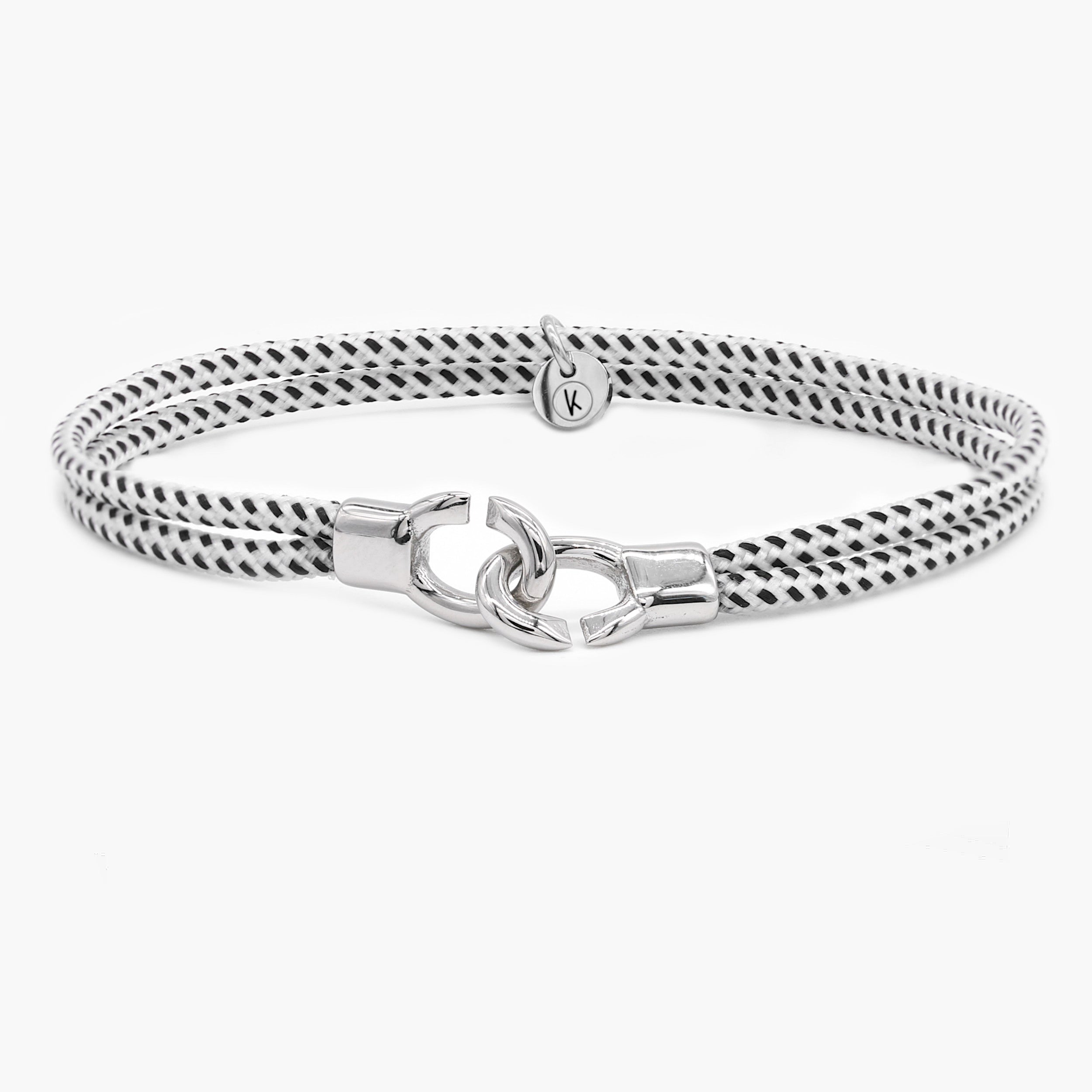 Double Sailing Cord Bracelet With Silver Lock (Black/White)-Bracelet-Kompsós