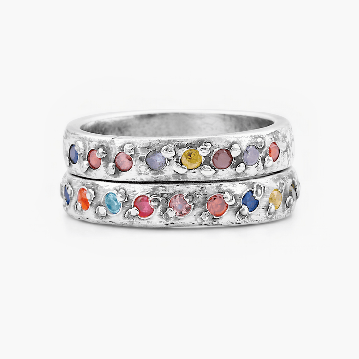 Double Sterling Silver Ring With Assorted Gemstones-Ring-Kompsós