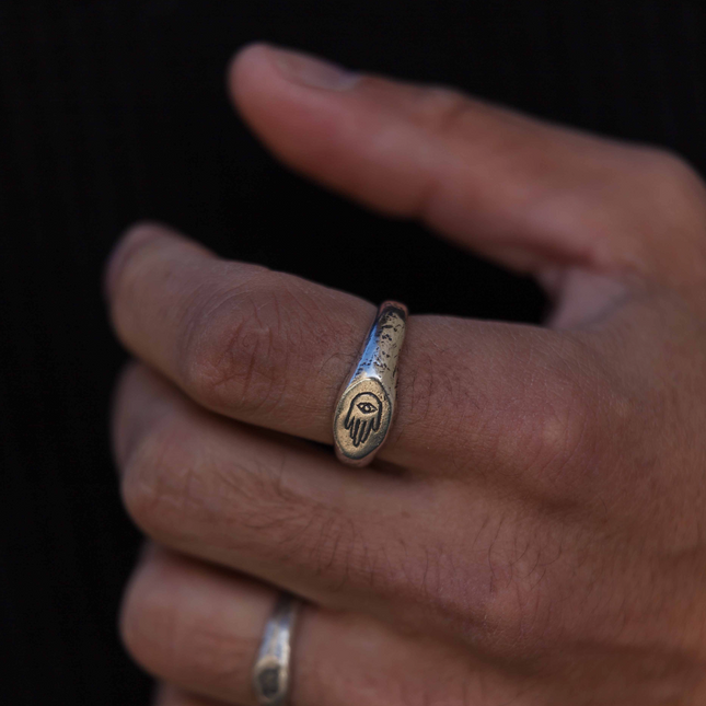 Engraved Hand With Eye Sterling Silver Ring-Ring-Kompsós