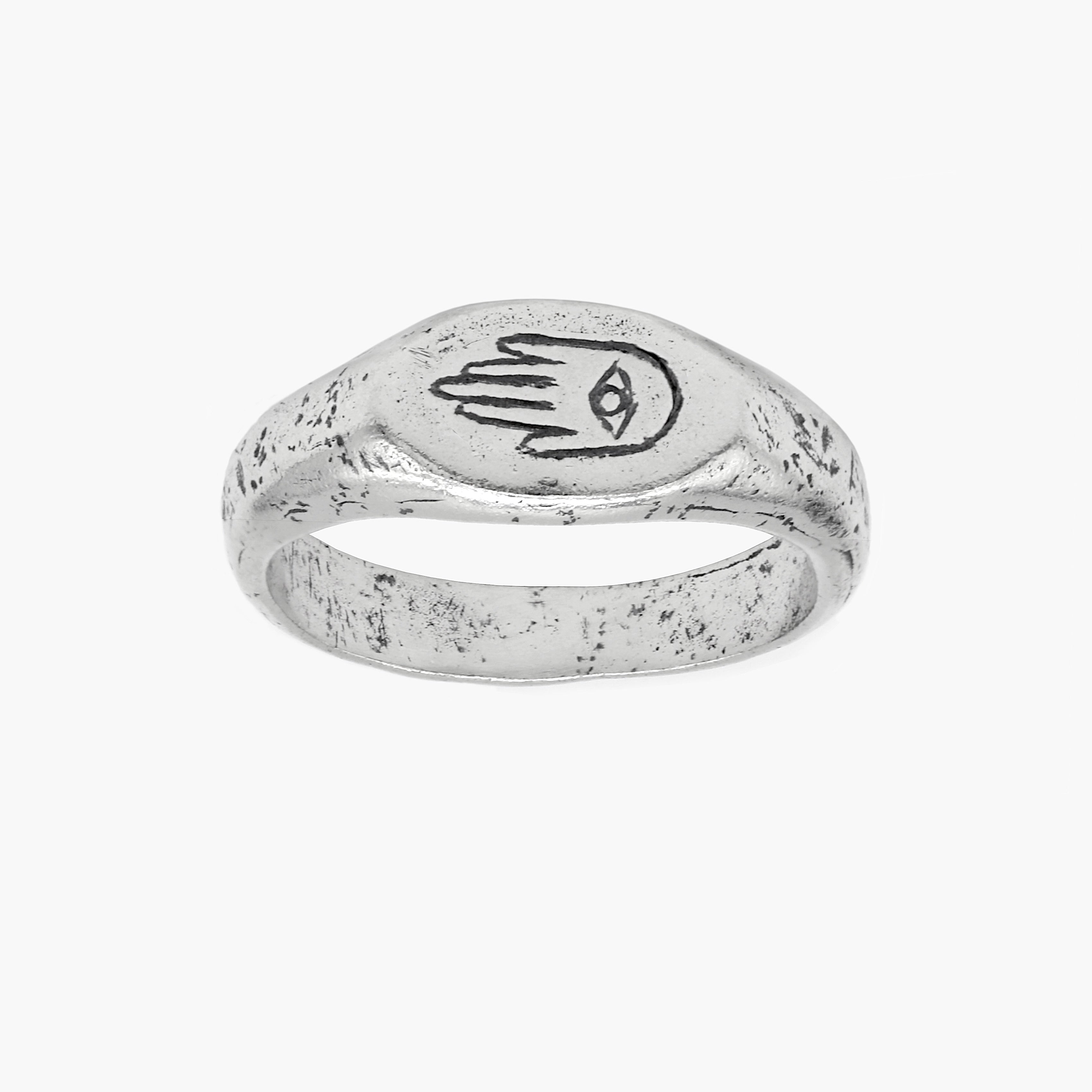 Engraved Hand With Eye Sterling Silver Ring-Ring-Kompsós