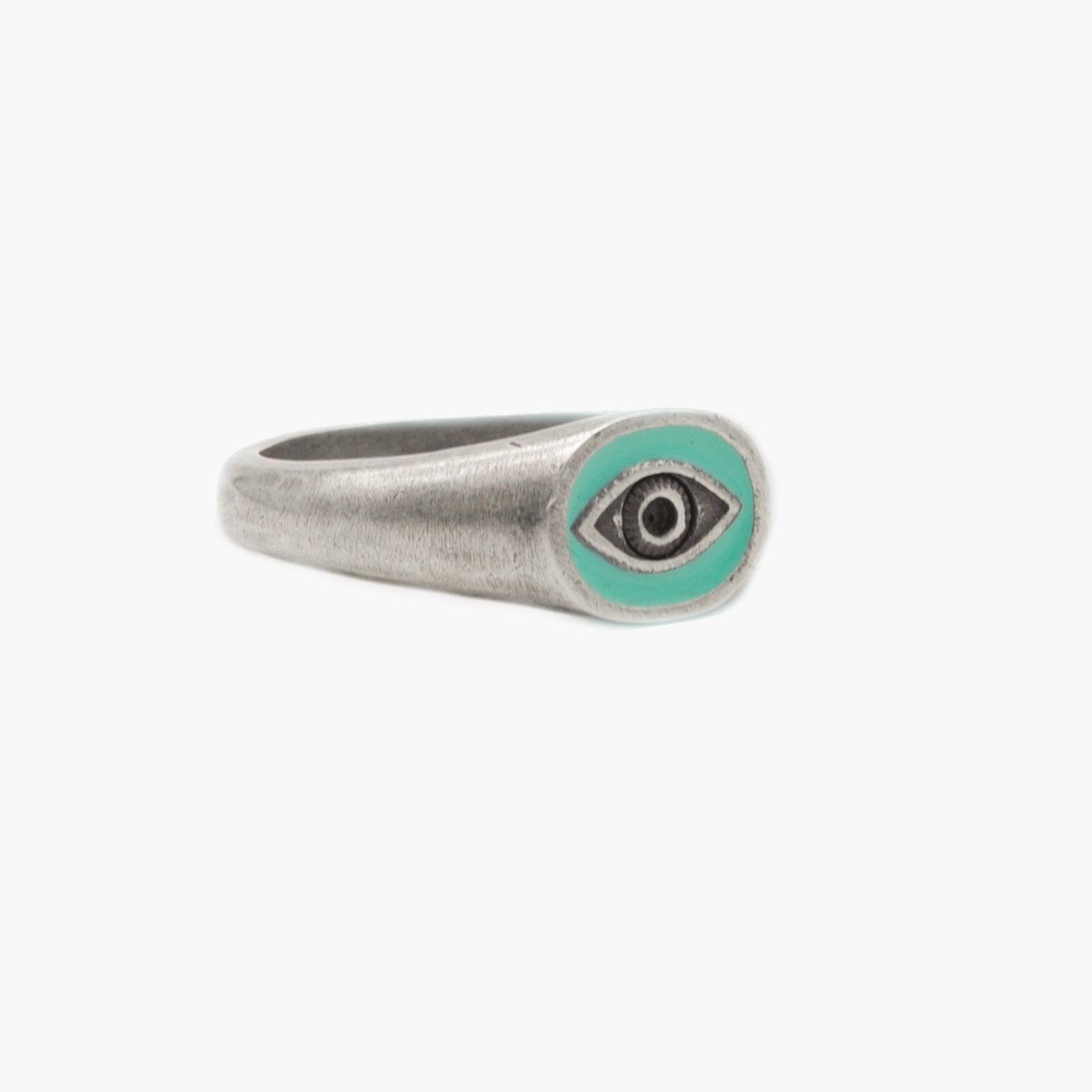 Evil Eye Silver Ring With Green Enamel-Ring-Kompsós