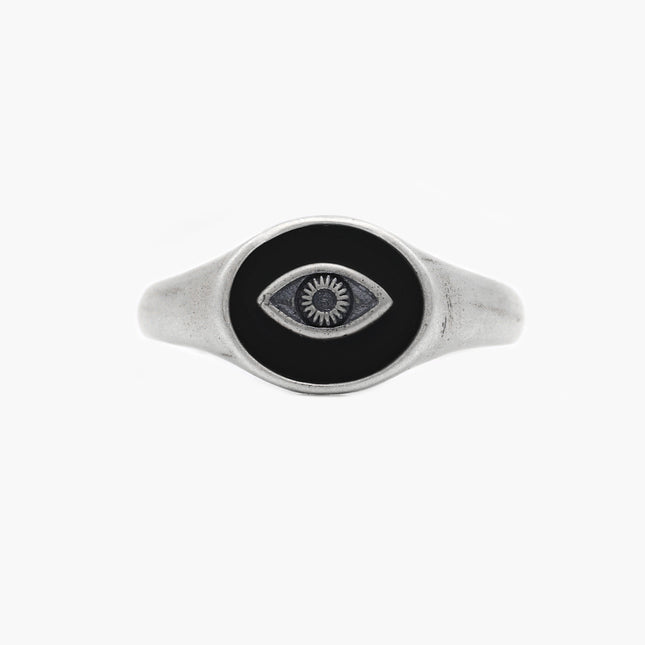 Evil Eye Sterling Silver Ring With Matte Onyx Stone-Ring-Kompsós