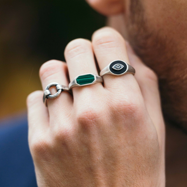 Evil Eye Sterling Silver Ring With Matte Onyx Stone-Ring-Kompsós