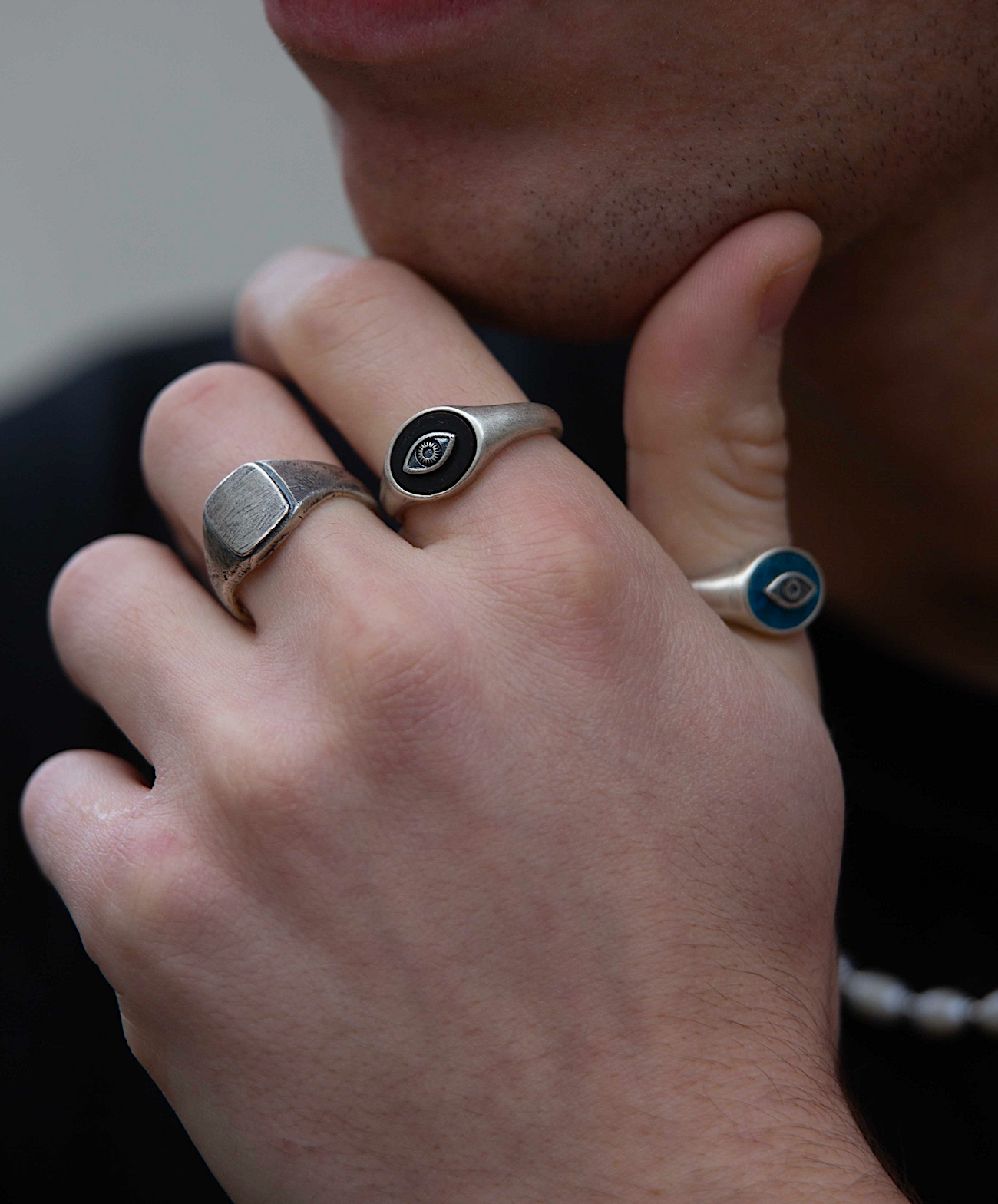 Evil Eye Sterling Silver Ring With Matte Onyx Stone-Ring-Kompsós