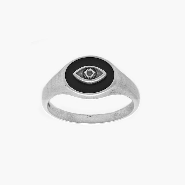 Evil Eye Sterling Silver Ring With Matte Onyx Stone-Ring-Kompsós