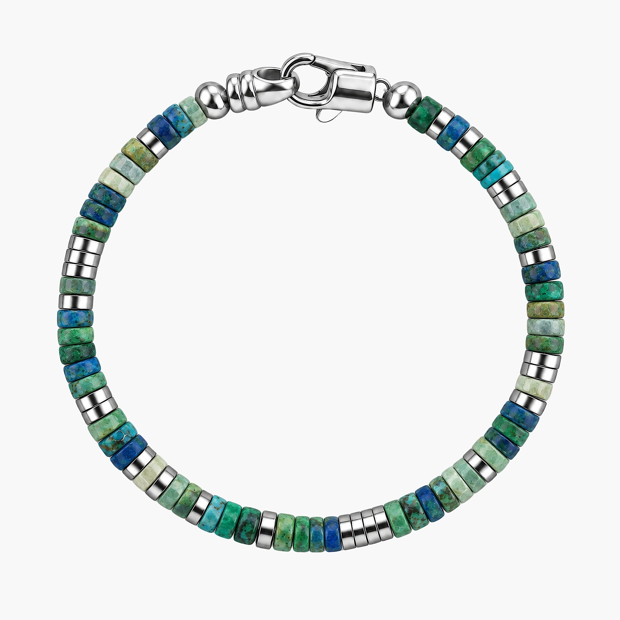 4mm Natural Heishi & Silver-Tone Bead Bracelet with green and blue beads and silver-tone spacers